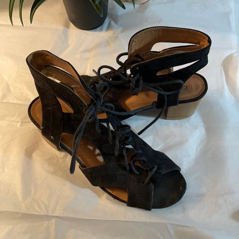Black Lace-Up Heeled Sandals